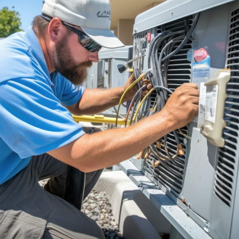 HVAC technician repairing an outdoor air conditioning unit in Williamsport, PA.